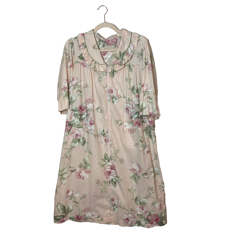 Vtg Handmade Housecoat Duster Ruffle Mumu Sz L/XL Floral Cottagecore Lightweight